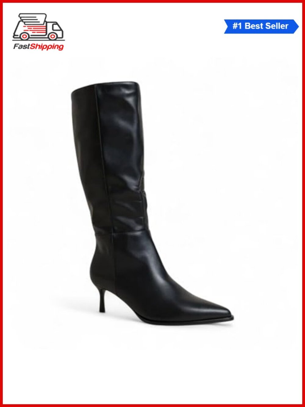 Pointed Toe Knee High Kitten Heel Boots Side Zip PU